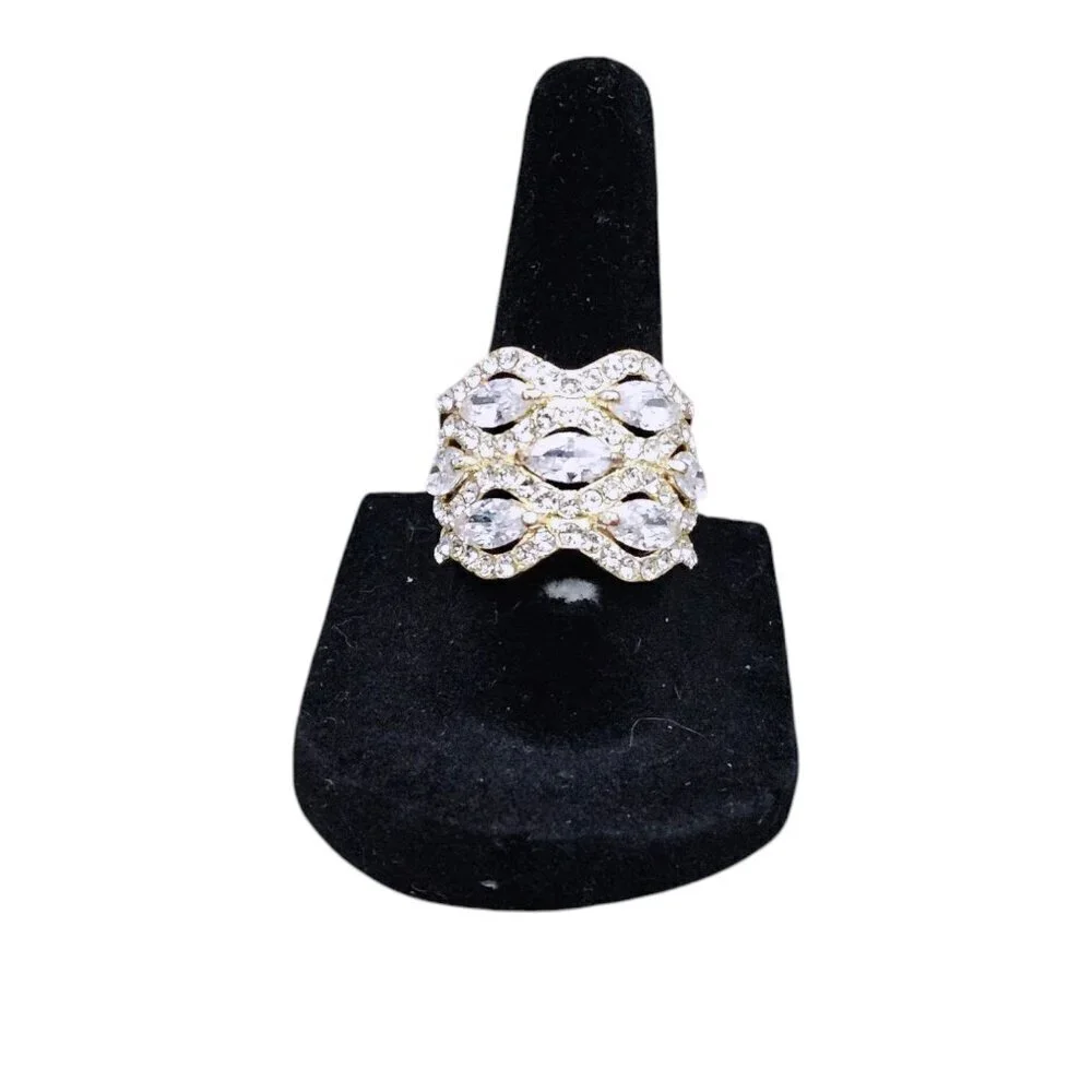 Vintage Gold Tone Multi Row CZ Diamond Cluster Chunky Wide Statement Ring